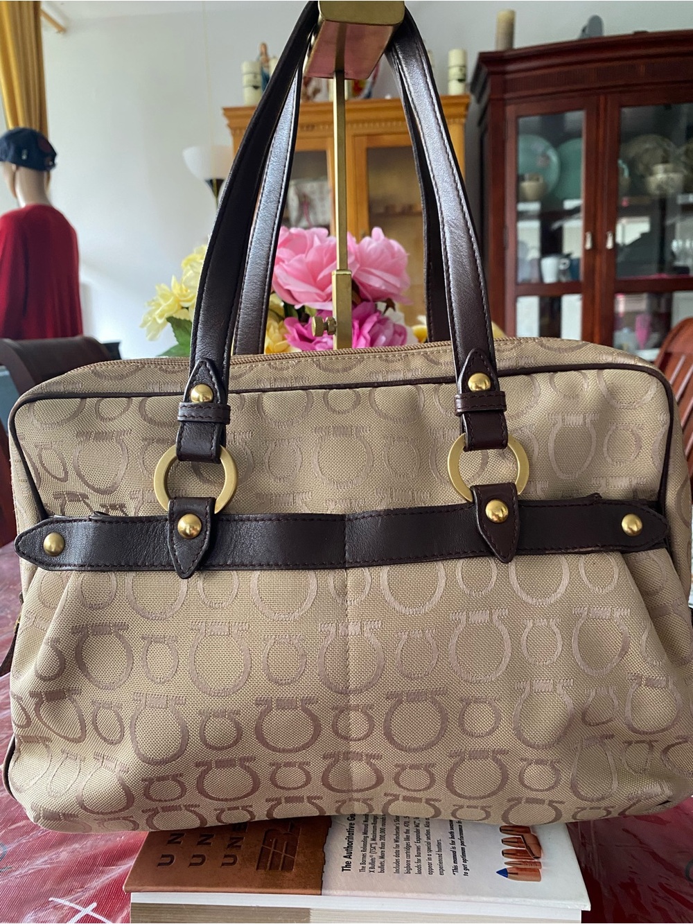 Salvatore Ferragamo Beige Monogram Shoulder Bag with Dark Brown Trim